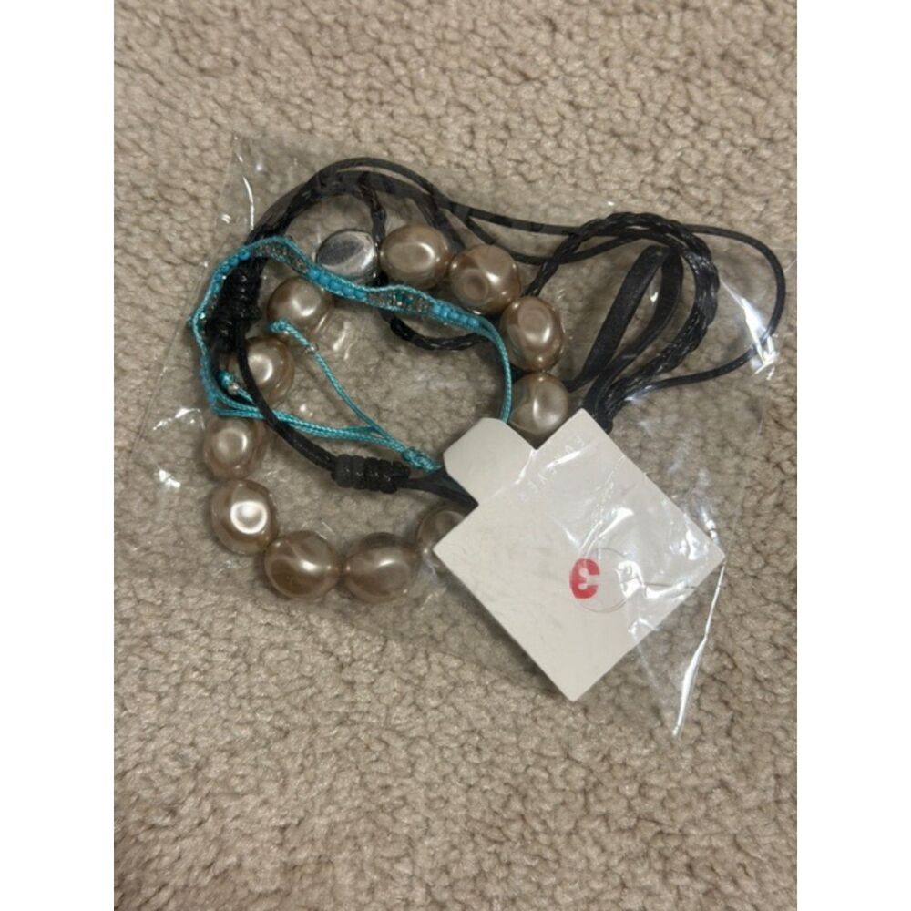 NWT Boho Faux Pearl & Cord Bracelet Stack Set | Beach Surfer Adjustable Jewelry